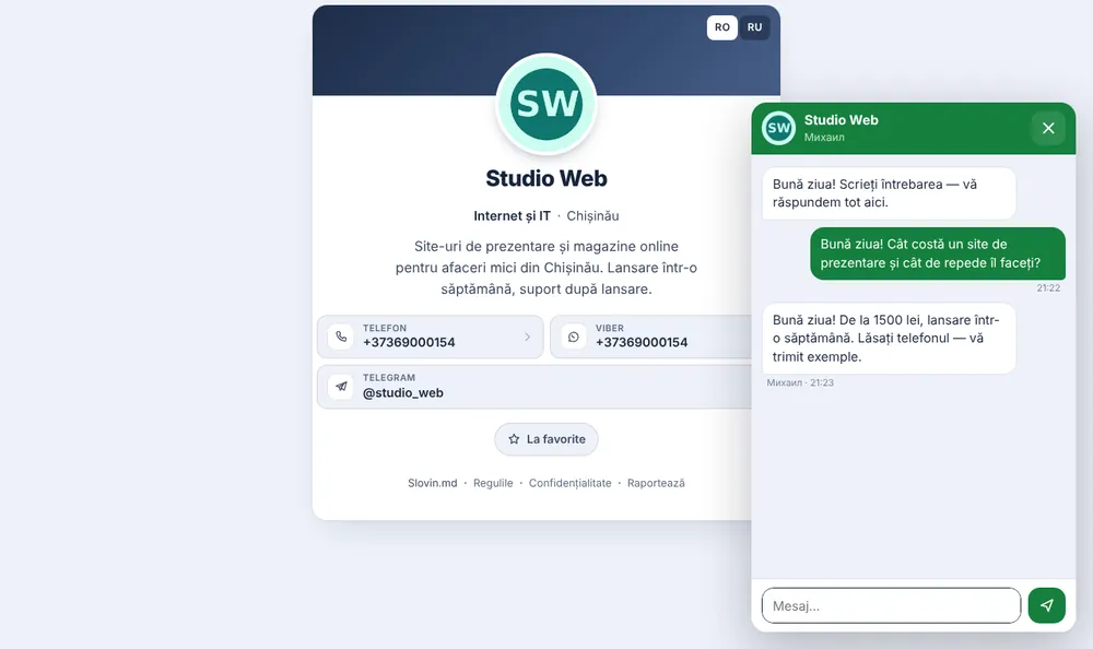 Chatul pe pagina Slovin.md: vizitatorul scrie direct de pe pagina dumneavoastră.
