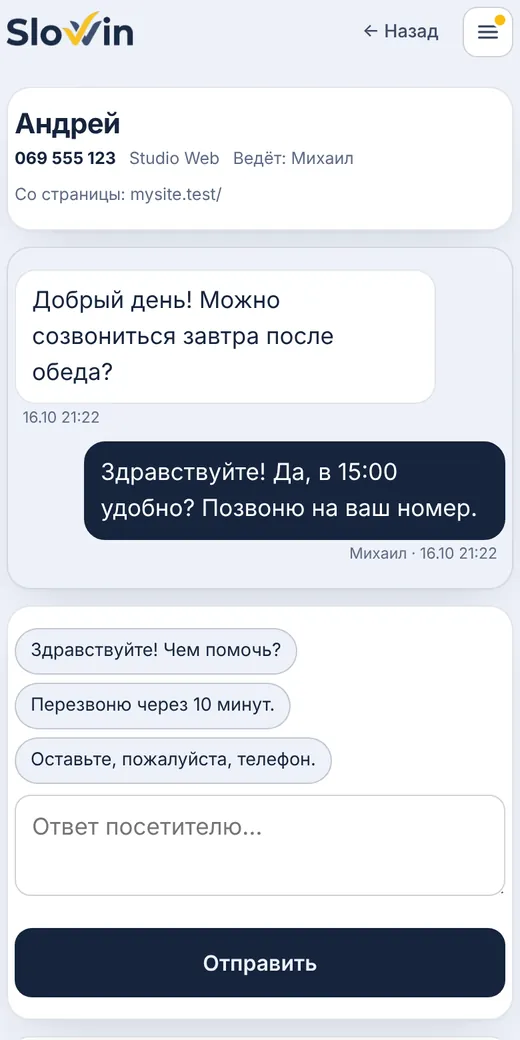 Ответ, быстрые заготовки, кто ведёт диалог.