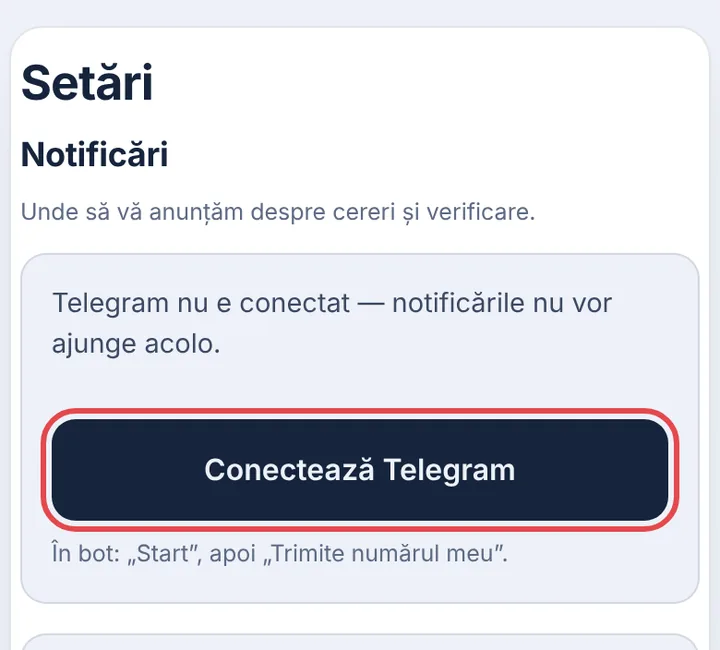 Apăsați „Conectează Telegram”