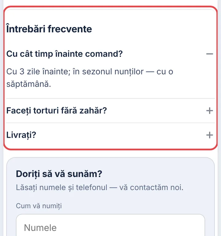 Întrebări frecvente și butonul principal